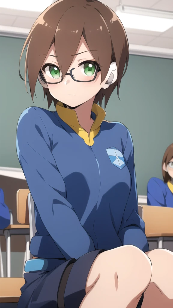Aile_megamanzx, 1 girl, looking at viewer, Brown hair, green eyes ,classroom background , Glasses, Classroom Clothes