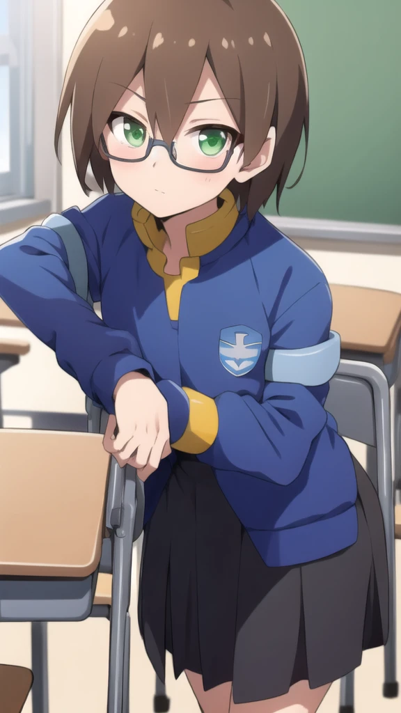 Aile_megamanzx, 1 girl, looking at viewer, Brown hair, green eyes ,classroom background , Glasses, Classroom Clothes