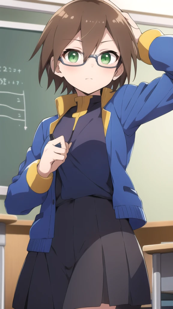Aile_megamanzx, 1 girl, looking at viewer, Brown hair, green eyes ,classroom background , Glasses, Classroom Clothes 