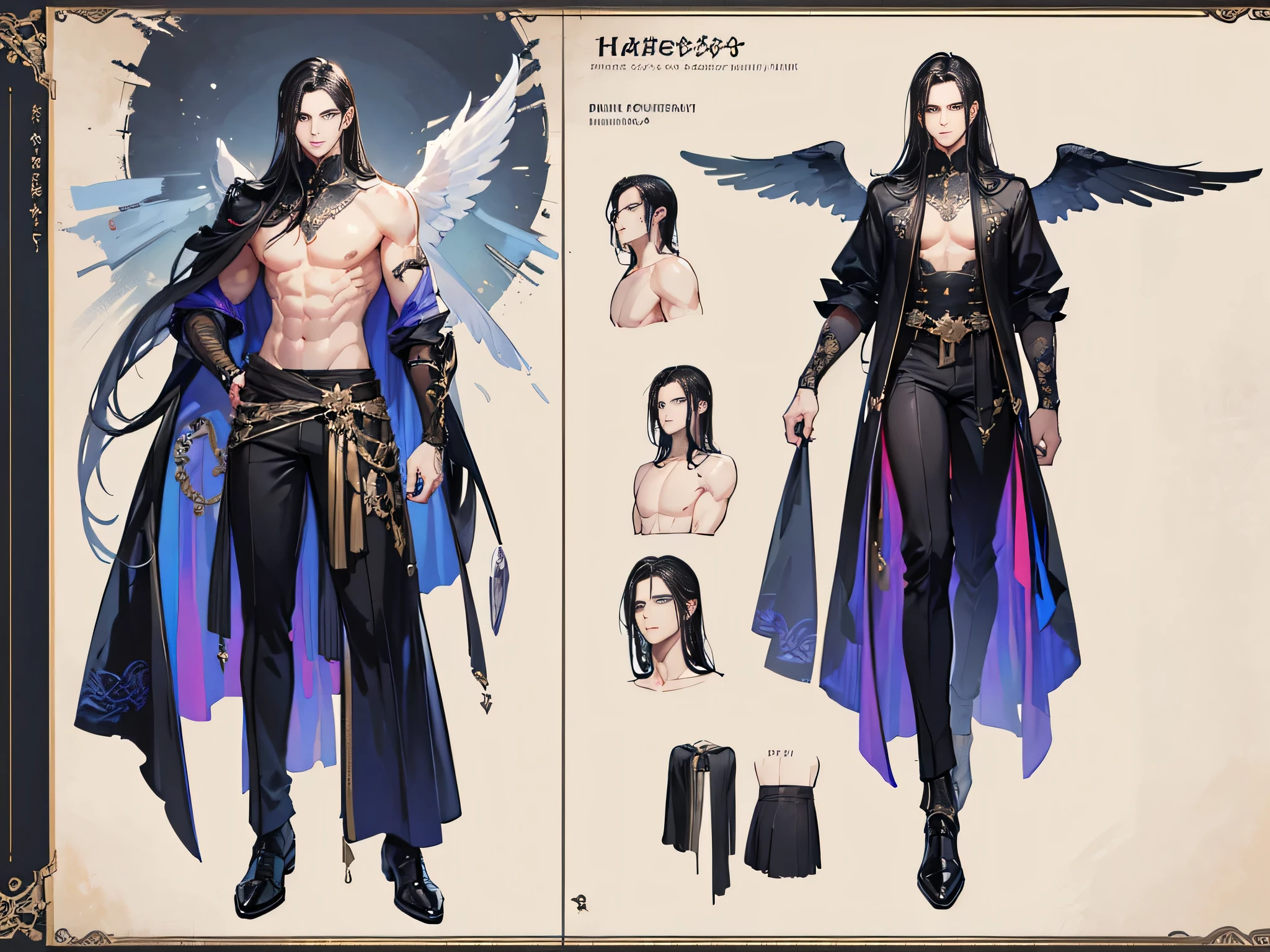 ((Masterpiece, Highest quality)), Male, boy, Detailed face, character design sheet, full bodyesbian, Full of details, frontal body view, back body view, Highly detailed, Depth, Many parts, angel wings, black hair, angel outfit, Muscle boy with black long hair,handsome man, male angel , man tall,