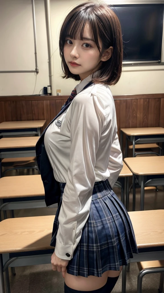 muste piece, best quality, illustration, Super detailed, fine details, High resolution, 8K,wall paper, perfect dynamic composition,(Details High quality, realistic depiction of eyes:1.3), from side, High School Classroom、High school girl uniform、blazer 、Super Short Check Uniform Skirt、Navy blue high socks、garterbelts、Colossal tits、Disturbed uniform, short bob hair, black hair color, large breasts, Big Natural Color Lip, bold sexy pose, (perfect body shape), crying a little、cold gaze, Harajuku style、20 year old girl、cute type, beautiful legs, hposing Gravure Idol, Voluptuous thighs