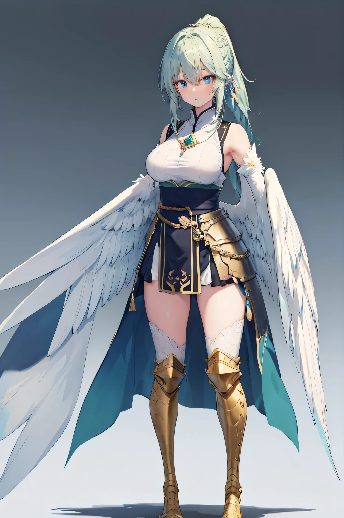 4k,High resolution,One Woman,harpy,White green hair,Short Ponytail,Braid,Blue Eyes,White Wings,Golden toenails,Big Breasts,knight,White knight armor,Heavy Armor,Full Armor,Sleeveless,knight helmet,Jewelry decoration,Short Sword,Medieval castle