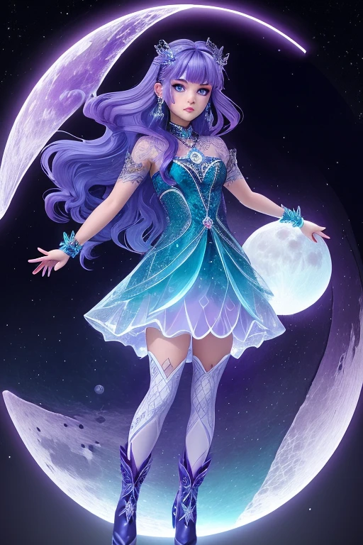 ice tattoos lines like vines appear on the face and arms of a girl ((full body)) with teal mix purple hair. purple eyes. dark-blue hair. wearing a soft crystal diamond glass dress with glass-boots of ice crystals. ((holding a metal moon shape disc around her wrists))"
