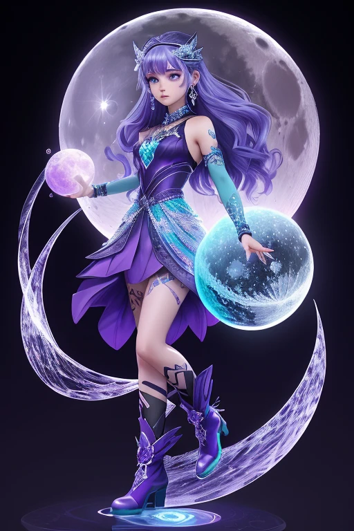 ice tattoos lines like vines appear on the face and arms of a girl ((full body)) with teal mix purple hair. purple eyes. dark-blue hair. wearing a soft crystal diamond glass dress with glass-boots of ice crystals. ((holding a metal moon shape disc around her wrists))"