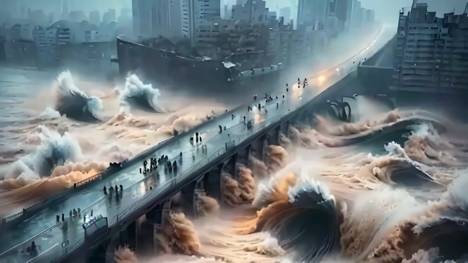 arafed bridge over a river with a bunch of people walking on it, amazingly epic visuals, beautiful image ever created, disaster photography, unbelievable, very huge waves, amazing photo, massive waves, winner of the year's best photo, huge waves, massive river, surreal!!!, amazing photography, flooded city, amazing composition, impressive winning photo, an amazing photo, meme