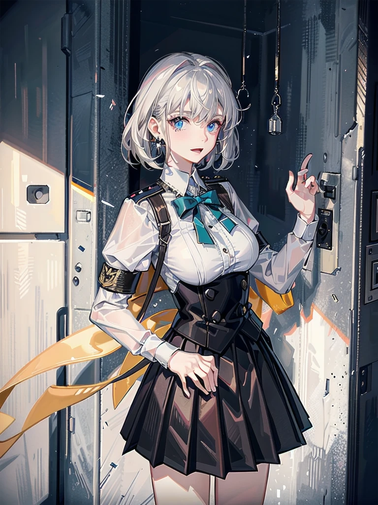 military uniform, absurdres, RAW photo, extremely delicate and beautiful, masterpiece, Best Quality, ultra high resolution, 32k, hyperrealistic, ultra-detailed, detailed description, pale skin, 20 years old, tearful mole, earring, Colossal tits, short medium hair, wavy hair, pleated skirt,