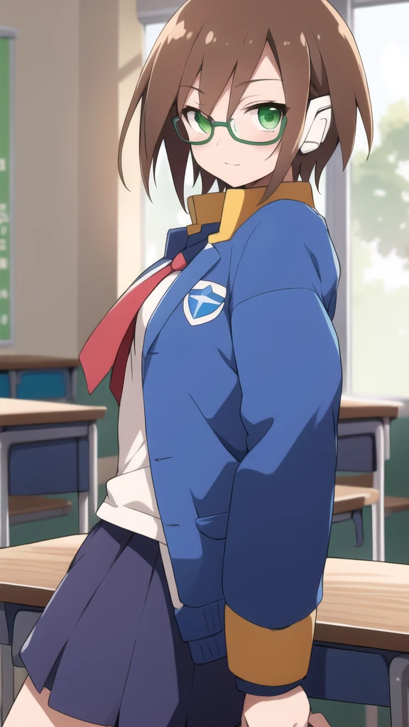 Aile_megamanzx, 1 girl, looking at viewer, Brown hair, green eyes ,classroom background , Glasses, Classroom Clothes 