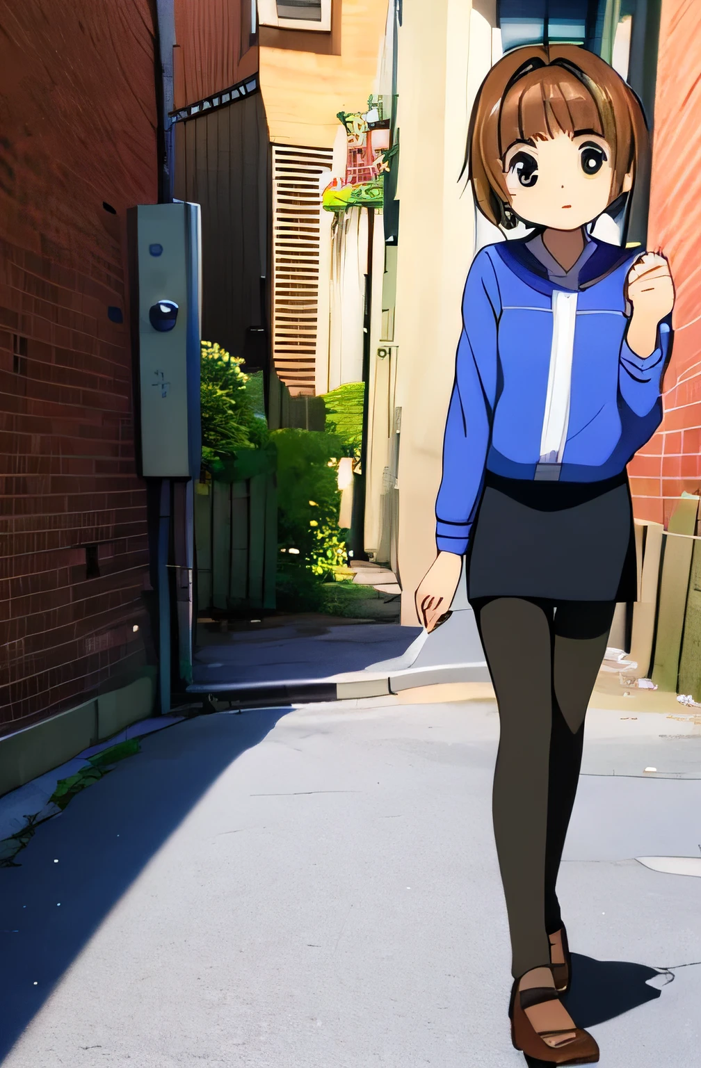  Girl　Inviting in the back alley　Girl Panty Shot　Skirt lining　Pants fabric texture　Skirt flip　Looking Down　