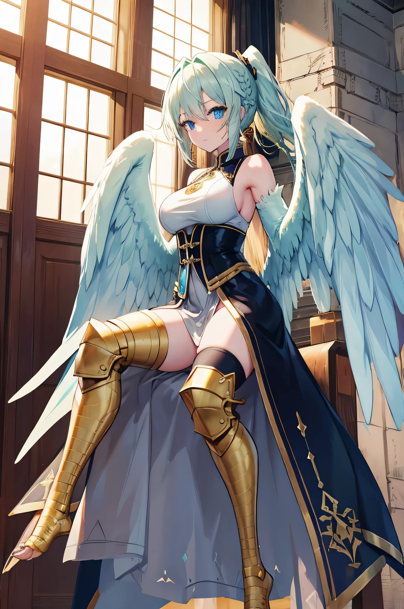 4k,High resolution,One Woman,harpy,White green hair,Short Ponytail,Braid,Blue Eyes,White Wings,Golden toenails,Big Breasts,knight,White knight armor,Heavy Armor,Full Armor,Sleeveless,knight helmet,Jewelry decoration,Short Sword,Medieval castle
