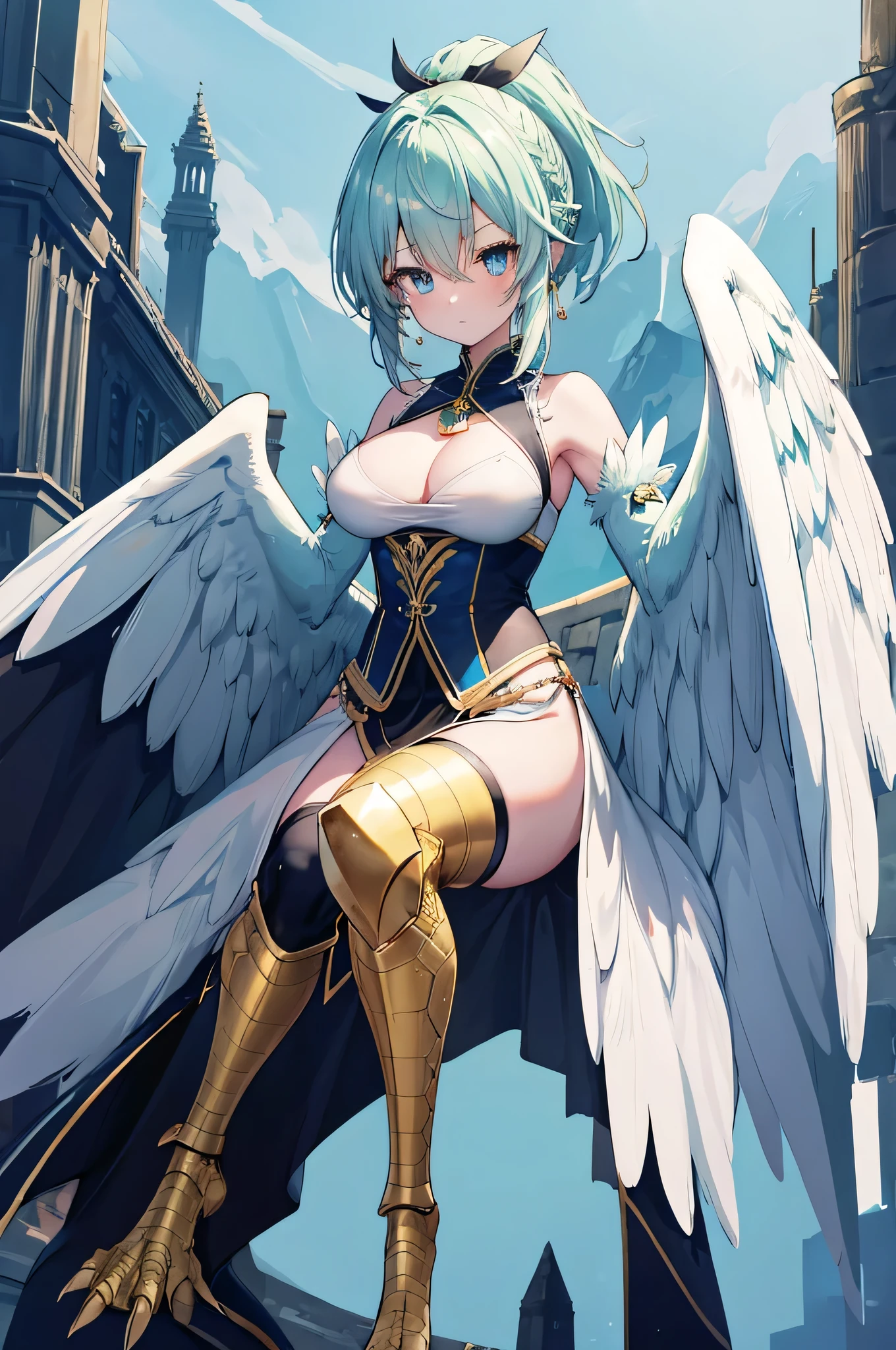 4k,High resolution,One Woman,harpy,White green hair,Short Ponytail,Braid,Blue Eyes,White Wings,Golden toenails,Big Breasts,knight,White knight armor,Heavy Armor,Full Armor,Sleeveless,knight helmet,Jewelry decoration,Short Sword,Medieval castle