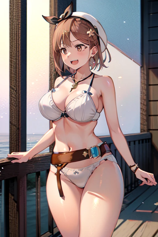 masterpiece, highest quality, High resolution, Extremely detailed CG, First Default, First closing, Bare thighs, One Girl, belt, flask, chest, alone, Laughter, Seaside,Black lace underwear,Rhythmic Gymnastics,Cartwheels,Jump.