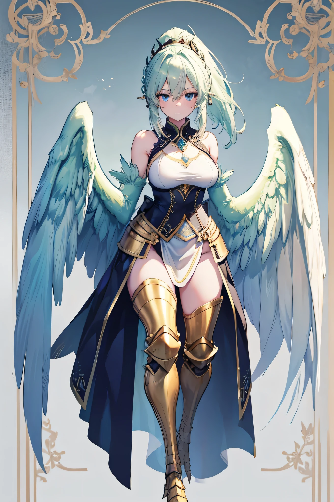 4k,High resolution,One Woman,harpy,White green hair,Short Ponytail,Braid,Blue Eyes,White Wings,Golden toenails,Big Breasts,knight,White knight armor,Heavy Armor,Full Armor,Sleeveless,knight helmet,Jewelry decoration,Short Sword,Medieval castle