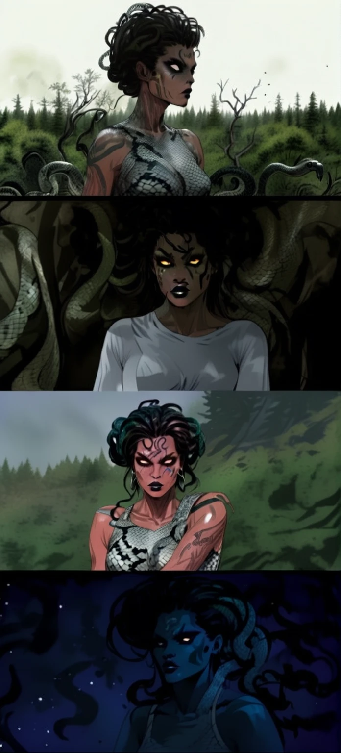 Medusa, colors, bleak muted deep fiery radiant glowing ROYGBIV, splash page decompressed comic cover art, ink style figure, ((expressive Joelle Jones and "Sean Gordon Murphy" comic drawing)), wordless, cinematic poster, double exposure, optical illusion, image within image, abyss void black no visibility darkness, full length portrait, (background, pine barrens, entropy, rewilding, magic hour sunset, galaxy stars, cosmos), (horror, abstract, surreal, body, cosmic), candid, snake skin dress, morphology anatomy drawn Frederic Delavier musculature anatomical illustration, (face, ornate black-metal corpsepaint face paint, resembles Grace Jones), (body, Naga, snakefolk, lower body snake tail, snake woman hybrid, bald, hairless, skeleton, snake skin tattoos, piercing eyes, snake pupils, over the shoulder), (colors, bleak muted deep fiery radiant glowing ROYGBIV, forest green, earth brown), craftsmanship nuance, (Gerardo Zaffino charcoal), subliminal orchids, nyctophobia, silhouette