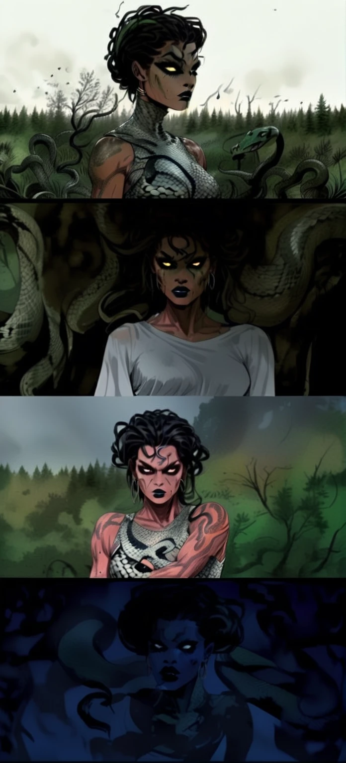 Medusa, colors, bleak muted deep fiery radiant glowing ROYGBIV, splash page decompressed comic cover art, ink style figure, ((expressive Joelle Jones and "Sean Gordon Murphy" comic drawing)), wordless, cinematic poster, double exposure, optical illusion, image within image, abyss void black no visibility darkness, full length portrait, (background, pine barrens, entropy, rewilding, magic hour sunset, galaxy stars, cosmos), (horror, abstract, surreal, body, cosmic), candid, snake skin dress, morphology anatomy drawn Frederic Delavier musculature anatomical illustration, (face, ornate black-metal corpsepaint face paint, resembles Grace Jones), (body, Naga, snakefolk, lower body snake tail, snake woman hybrid, bald, hairless, skeleton, snake skin tattoos, piercing eyes, snake pupils, over the shoulder), (colors, bleak muted deep fiery radiant glowing ROYGBIV, forest green, earth brown), craftsmanship nuance, (Gerardo Zaffino charcoal), subliminal orchids, nyctophobia, silhouette