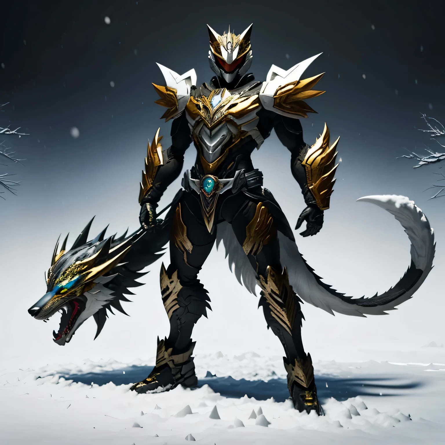 best quality)), ((masterpiece)), (detailed), perfect face, Snow White, Wolf Kamen Rider, Snowy background, Single person, Sleek Wolf Armor, Full Body, Wolf Base, Kamen Rider, 1 male, Zinogre