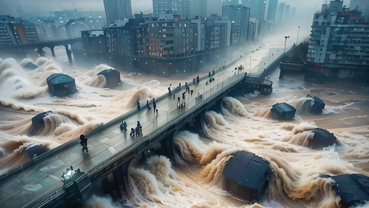 arafed bridge over a river with a bunch of people walking on it, amazingly epic visuals, beautiful image ever created, disaster photography, unbelievable, very huge waves, amazing photo, massive waves, winner of the year's best photo, huge waves, massive river, surreal!!!, amazing photography, flooded city, amazing composition, impressive winning photo, an amazing photo, meme
