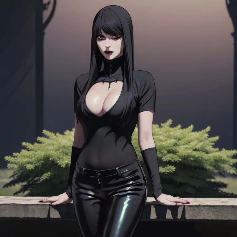 Manhwa goth girl, manhwa aesthetic, Looking at the audience, Light brown eyes:1.4, goth girl, Brunette long Bob Hair with highly detailed shiny hair, bright red clothes:1.4, Lepangas:1.4), illuminated skin (realistic texture), realistic shading, bright red eyes、{Huge|big chest|Huge|Mega} whole :2, Chest cleavage:2、(((Add highlights to the eyes:1.4、charming look 、Short Bob Hair、Glowing Skin:1.4、Looking at the audience、She is very beautiful and cute、Beautiful long neck, (cotton) black gothic shirt, latex tight pants, (converse) black sneakers, Ideal body type, (painted gothic Background:2、gothic garden background:2))、Beautiful long neck:1.4、(({Huge|big|Huge|Mega} chest, Chest cleavage:2、perfect Bodyは服を着ていない:1.6)),Perfect Anatomy, blade to side, strike pose, blade down, blade right hand, blurred background (masterpiece), best quality, high quality, highres, ultra-detailed), different poses at different angles.