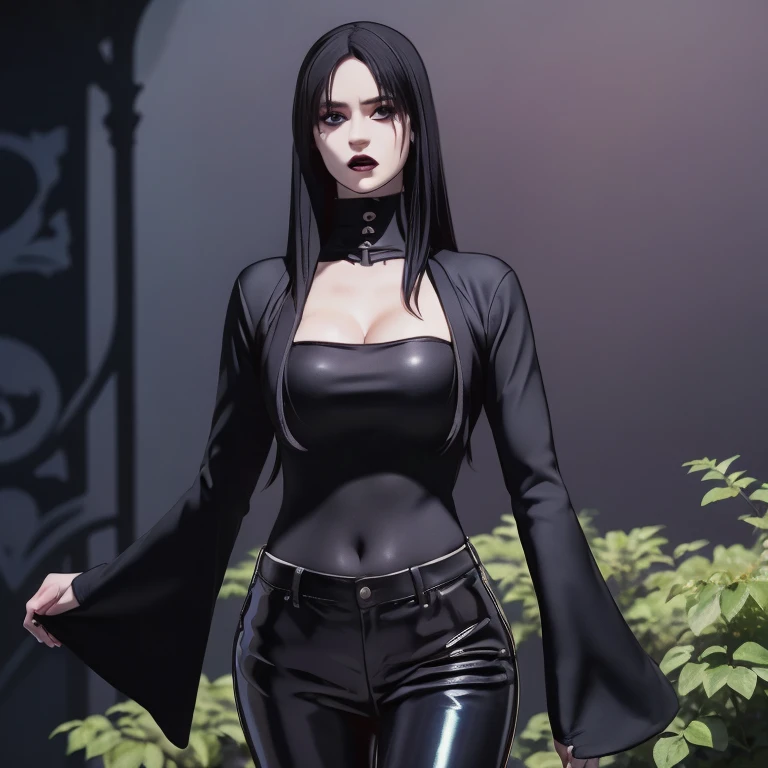 Manhwa goth girl, manhwa aesthetic, Looking at the audience, Light brown eyes:1.4, goth girl, Brunette long Bob Hair with highly detailed shiny hair, bright red clothes:1.4, Lepangas:1.4), illuminated skin (realistic texture), realistic shading, bright red eyes、{Huge|big chest|Huge|Mega} whole :2, Chest cleavage:2、(((Add highlights to the eyes:1.4、charming look 、Short Bob Hair、Glowing Skin:1.4、Looking at the audience、She is very beautiful and cute、Beautiful long neck, (cotton) black gothic shirt, latex tight pants, (converse) black sneakers, Ideal body type, (painted gothic Background:2、gothic garden background:2))、Beautiful long neck:1.4、(({Huge|big|Huge|Mega} chest, Chest cleavage:2、perfect Bodyは服を着ていない:1.6)),Perfect Anatomy, blade to side, strike pose, blade down, blade right hand, blurred background  (masterpiece), best quality, high quality, highres, ultra-detailed), different poses at different angles. 