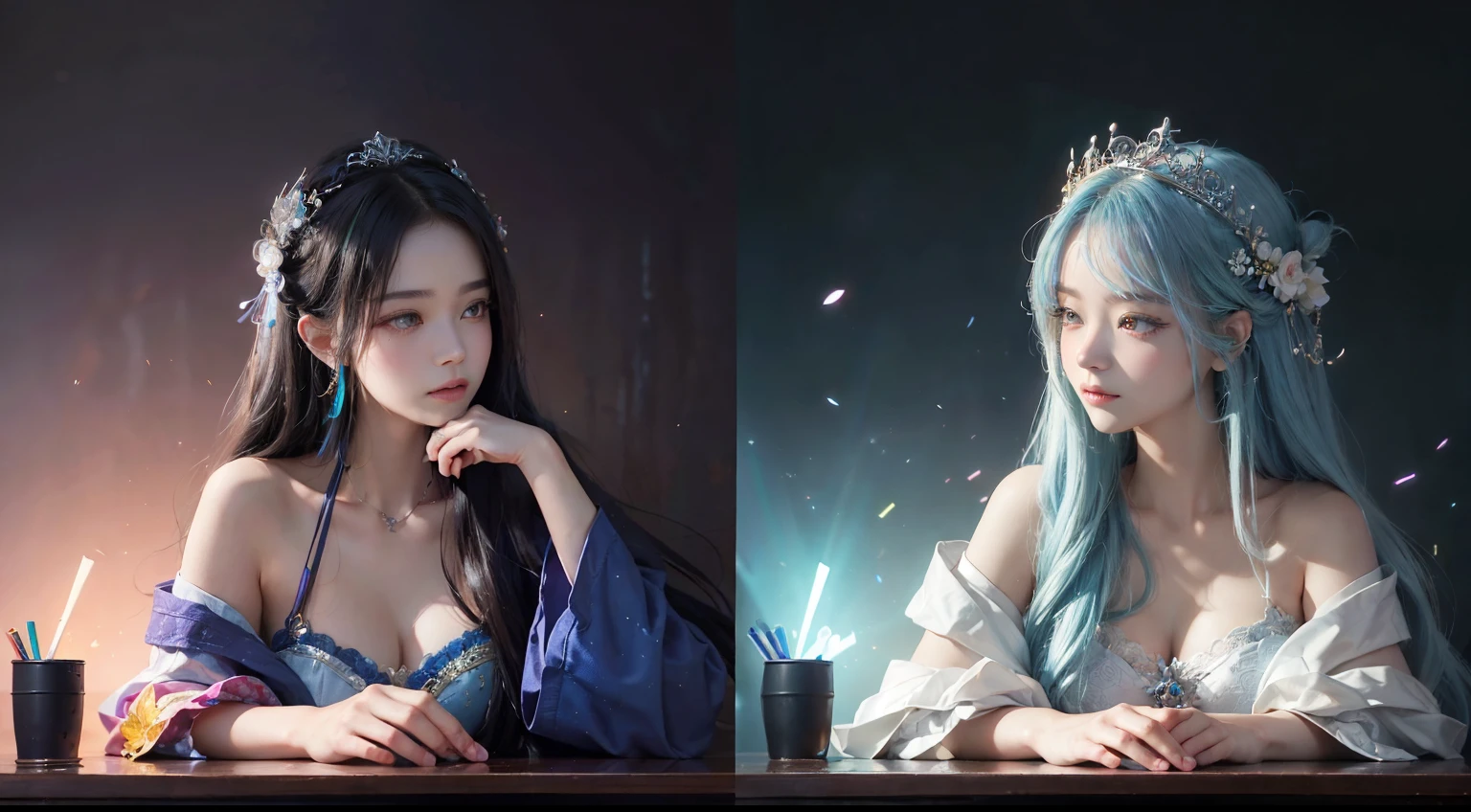 (((masterpiece))), (((best quality))), ((Super detailed)),(Highly detailed CG illustrations), ((Extremely exquisite and beautiful)),电影light, Imitate the styles of current popular genre masters,Create stunning fantasy art. Works should contain myth and fantasy、Fairy tale fantasy elements,And presents a dreamy rainbow color. ((Use rainbow as the main color scheme.)) 作品中的figure是一个细腻而坚强的figure,Full of mystery and magic, (美丽的Translucent Rainbow翅膀). Pay close attention to complex facial features, For example鲜艳的色彩和引人注目的阴影. figure'Clothing designs should use tulle feathers, Silk dress, stunning embroidery, and subtle iridescent details. Contains an icon (((Translucent Rainbow))), Dreamy colors, Dynamic Lighting, Detailed background elements create a sense of awe and immersion. Includes a colorful flying magical bird and a jewel-toned rainbow butterfly with a magical halo. Learn about the latest trends in fantasy art, For example, Incorporate unique lighting effects, Explore dynamic and eye-catching composition techniques, and try unique color palettes. Get inspired by top artists on ArtStation and Midjourney. camera: 选择一个能够凸显figure之美并增强艺术品神奇威严的角度. light: Create depth and mood with mood lighting technology. settle down: Pursue high-resolution artwork,Reveal intricate detail and clarity. artistic inspiration: Find inspiration from popular artists on ArtStation, Explore different styles, type, and theme.