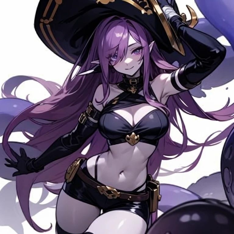 Masterpiece, best quality, expressive eyes, perfect face, 1girl, monster girl, , hair over one eye, gloves, solo, scylla, , navel, long hair, looking at viewer, tentacles, hat, black gloves, suction cups, purple hair, hair over one eye, simple background, elbow gloves, white background, purple eyes, pale skin, very long hair, smile,  shoulders, pirate suit, shorts, thigh_belt, bandages, shoulder belt,  sarashi, 