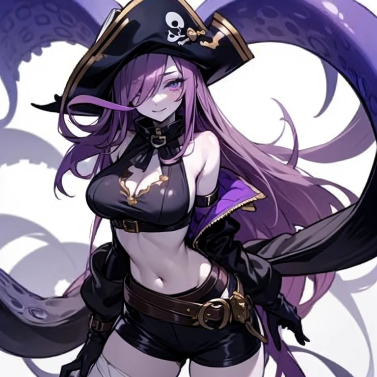 Masterpiece, best quality, expressive eyes, perfect face, 1girl, monster girl, breasts, hair over one eye, gloves, solo, scylla, large breasts, navel, long hair, looking at viewer, tentacles, hat, black gloves, suction cups, purple hair, hair over one eye, simple background, elbow gloves, white background, purple eyes, pale skin, very long hair, smile, bare shoulders, pirate suit, shorts, thigh_belt, bandages, shoulder belt, chest sarashi, 