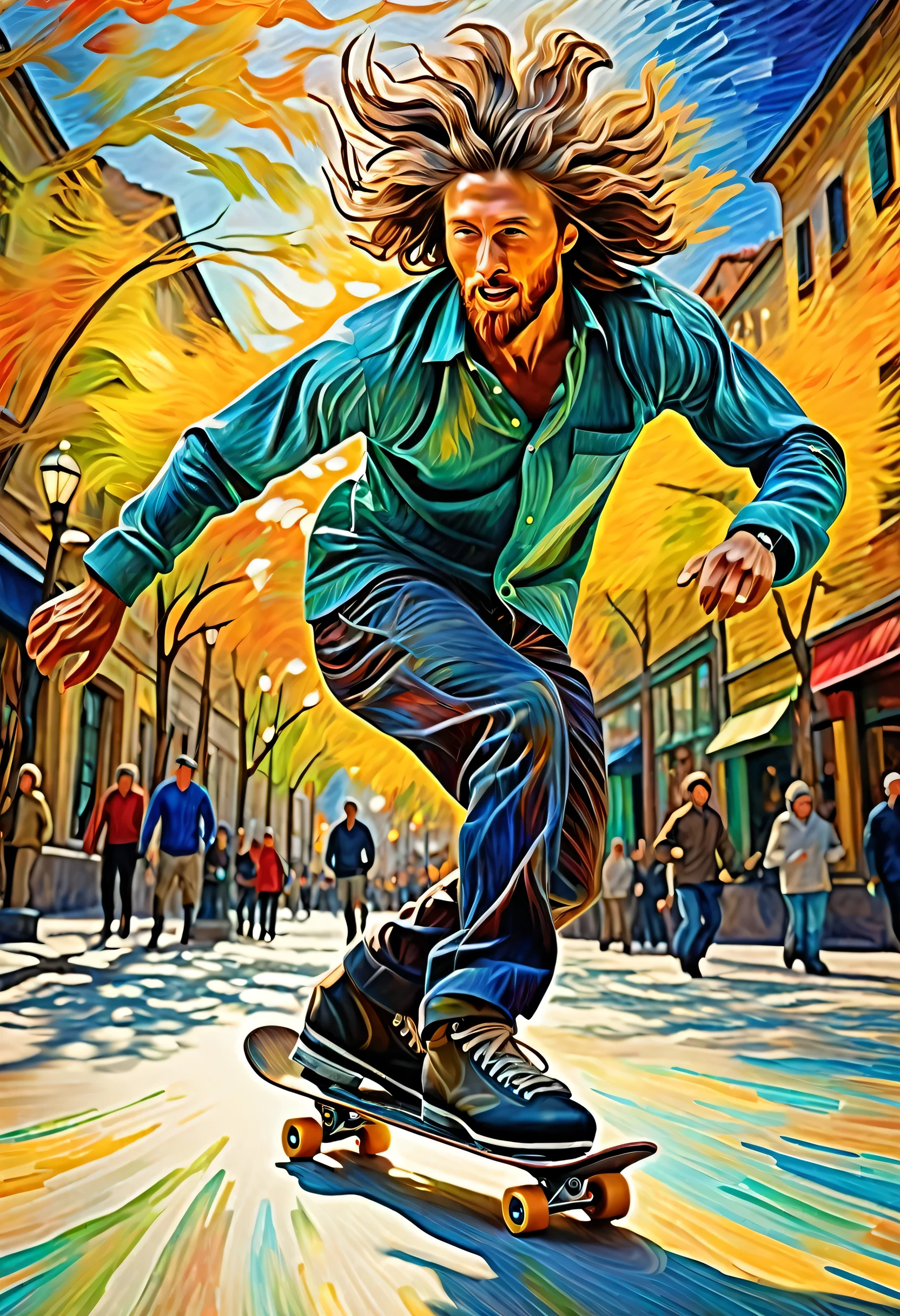 beautiful man playing skating ,vibrant colors,van gogh style,leonardo da vinci style,energetic strokes,expressive brushwork,dynamic composition,playful atmosphere,soft lighting,graceful movements,impressionistic background,naturalistic portrayal,detailed facial features,flowing hair,athletic body,action pose,warm color palette,painterly textures,implied motion,dramatic shadows,realistic facial expression,happy and confident demeanor,subtle perspective,exciting sports scene,emotional depth,vivid contrast,implied depth,masterful technique,stunning visual impact,artistic flair,classic art fusion,majestic and graceful.