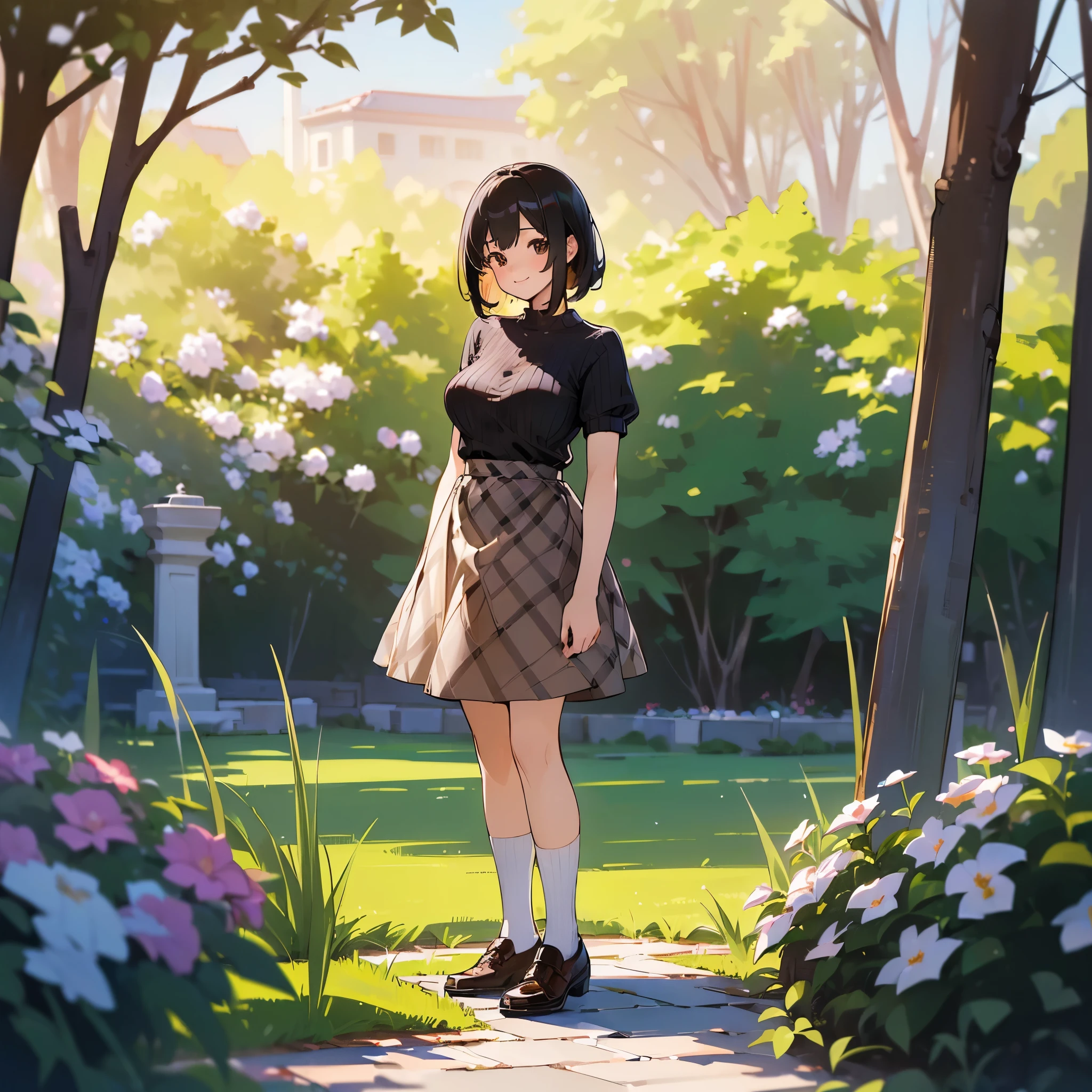 (high quality, High resolution, Very detailed, reality:1.37), Peaceful atmosphere, (Outdoor, garden), Teenage girl standing alone, (my breasts are big.), Beautiful details, Cute Smile, (Black bob hair), Short sleeve ribbed sweater, burberry check skirt, White socks, Brown leather shoes.