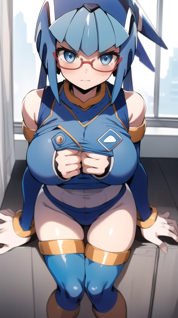 Leviathan Megaman 1 girl, looking at viewer, blue hair, Blue eyes,classroom background, Blushed, glasses, classroom clothes