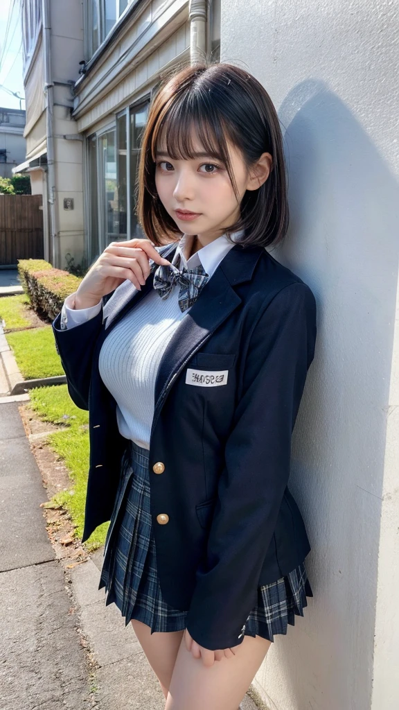 muste piece, best quality, illustration, Super detailed, fine details, High resolution, 8K,wall paper, perfect dynamic composition,(Details High quality, realistic depiction of eyes:1.3), from side, High School Classroom、High school girl uniform、blazer 、Super Short Check Uniform Skirt、Navy blue high socks、garterbelts、Colossal tits、Disturbed uniform, short bob hair, black hair color, large breasts, Big Natural Color Lip, bold sexy pose, (perfect body shape), crying a little、cold gaze, Harajuku style、20 year old girl、cute type, beautiful legs, hposing Gravure Idol, Voluptuous thighs