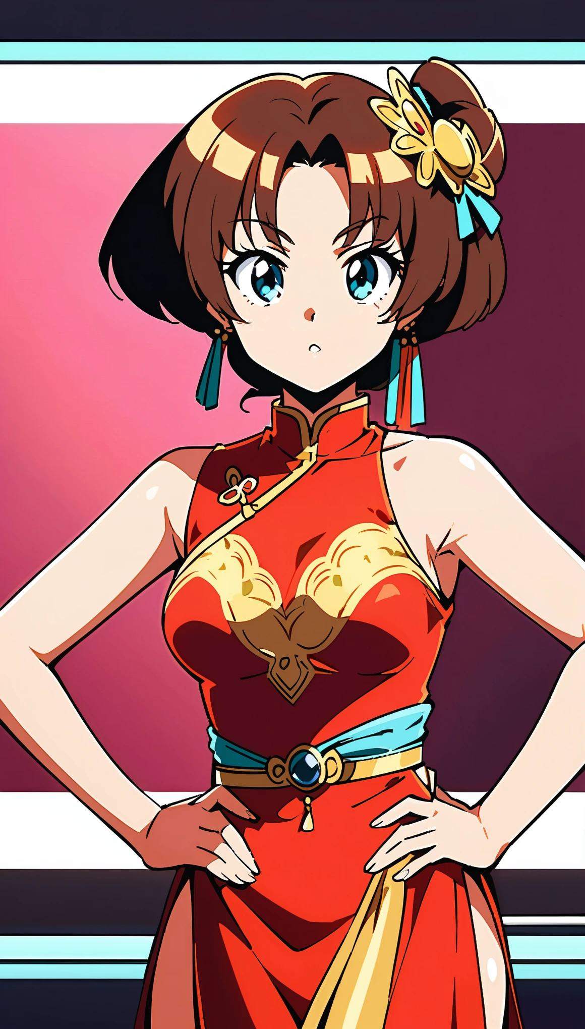 A screen grab from an old VHS tape shows a woman in a red cheongsam facing the camera and posing with her hands on her hips. The background lighting has made everything look slightly out of focus, and there is some noise around the edges of the video. She looks like a flirty professional dancer in the style of an old VHS tape.
