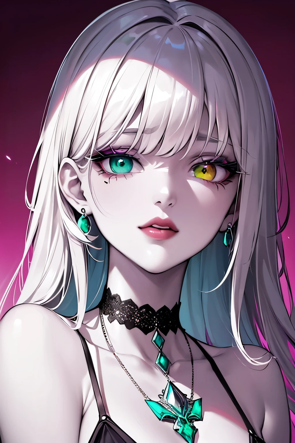 (monochrome:1.2), only eyes and lips in color, face focus, best quality, super fine, 16k, incredibly absurdres, extremely detailed, delicate and dynamic, cool and beautiful pretty woman, silver messy hair, (heterochromia, emerald green eye, purple eye), brightly colored tattoos on the neck, necklaces, chokers, earrings and accessories, glossy red lips, portrait