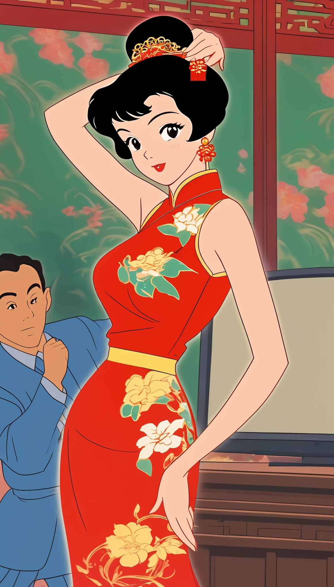 A screen grab from an old VHS tape shows a woman in a red cheongsam facing the camera and posing with her hands on her hips. The background lighting has made everything look slightly out of focus, and there is some noise around the edges of the video. She looks like a flirty professional dancer in the style of an old VHS tape.