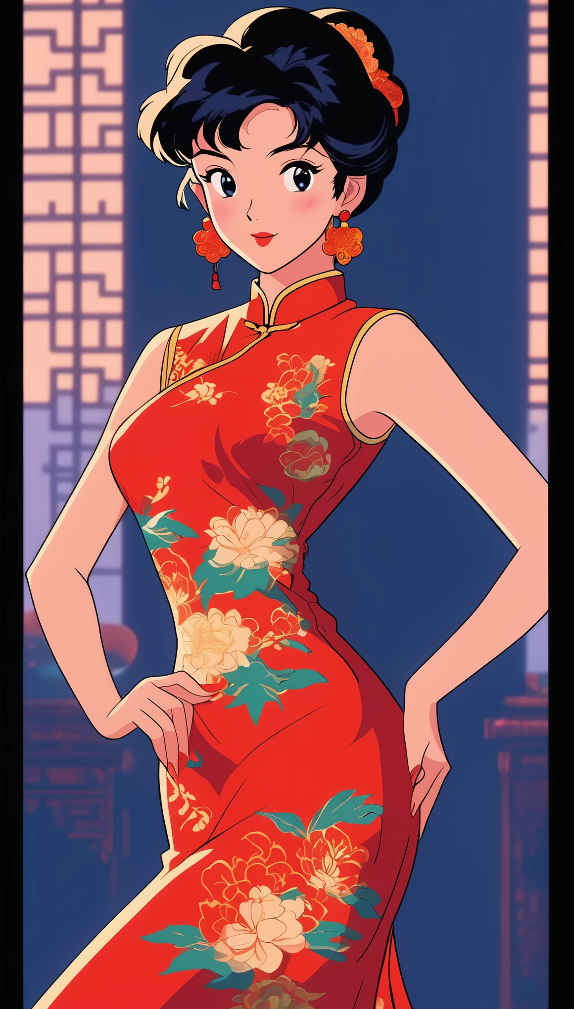 A screen grab from an old VHS tape shows a woman in a red cheongsam facing the camera and posing with her hands on her hips. The background lighting has made everything look slightly out of focus, and there is some noise around the edges of the video. She looks like a flirty professional dancer in the style of an old VHS tape.