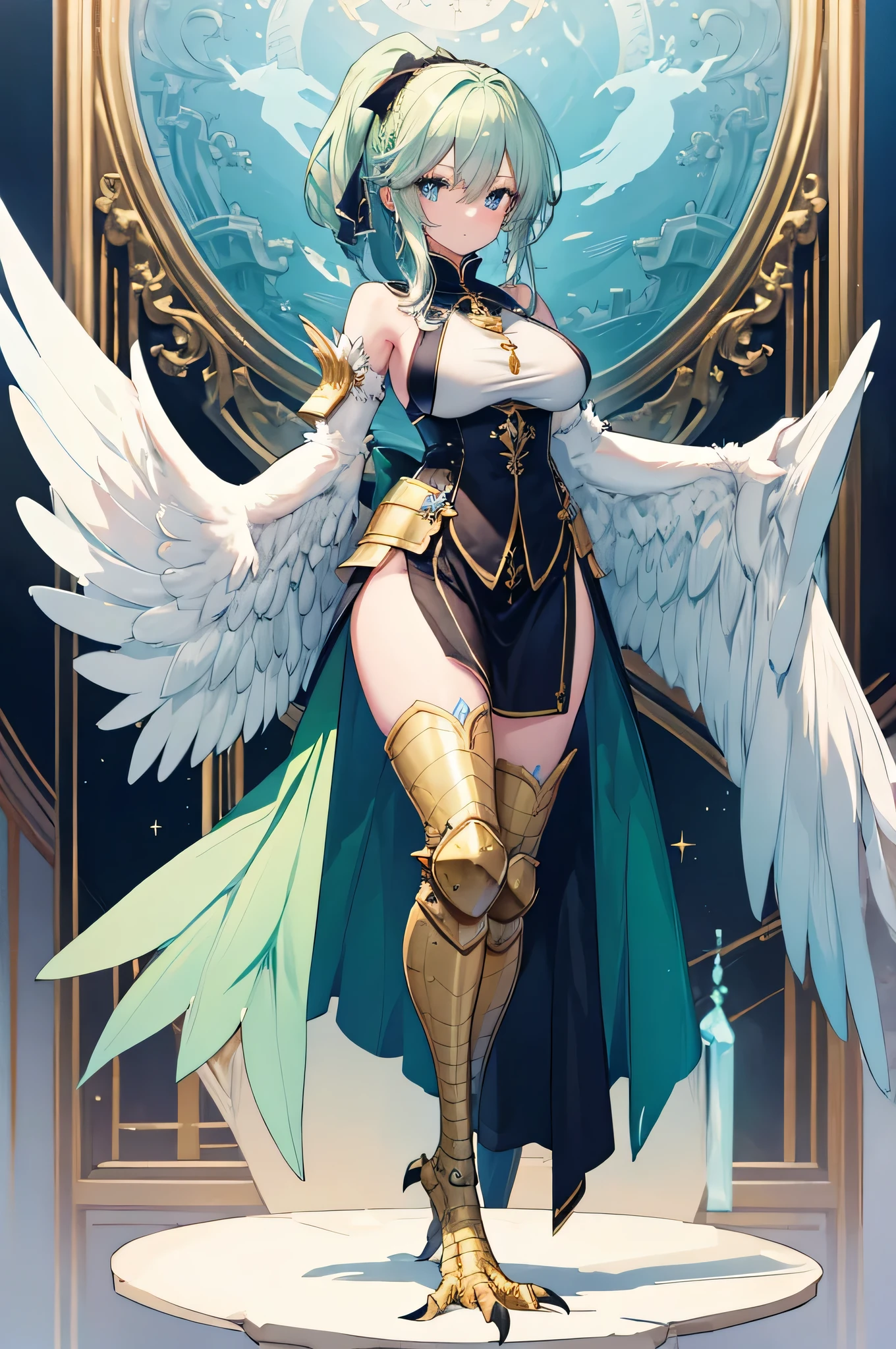 4k,High resolution,One Woman,harpy,White green hair,Short Ponytail,Braid,Blue Eyes,White Wings,Golden toenails,Big Breasts,knight,White knight armor,Heavy Armor,Full Armor,Sleeveless,knight helmet,Jewelry decoration,Short Sword,Medieval castle