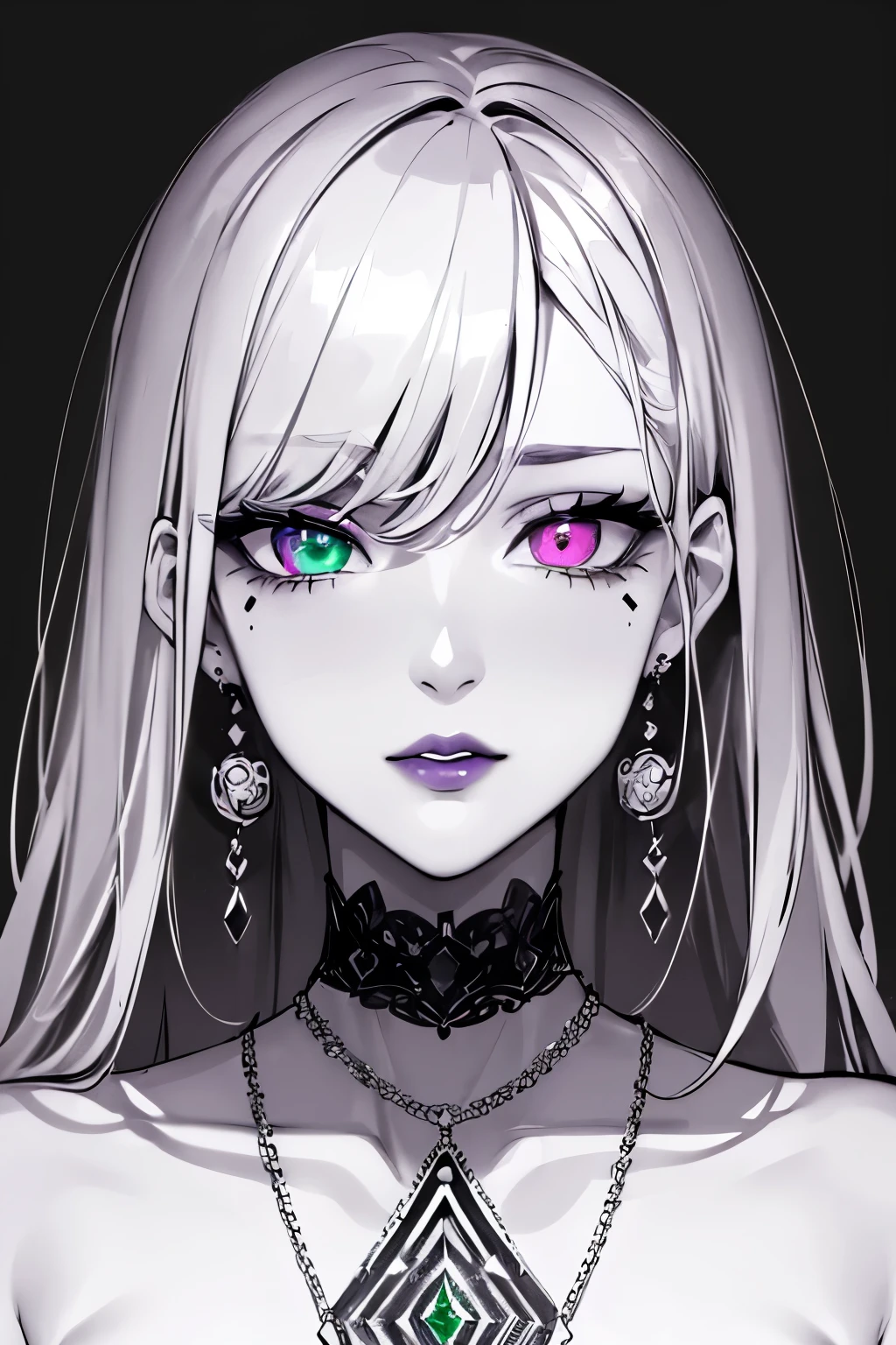 (monochrome:1.4), only eyes and lips in color, face focus, best quality, super fine, 16k, incredibly absurdres, extremely detailed, delicate and dynamic, cool and beautiful pretty woman, silver messy hair, (heterochromia, emerald green eye, purple eye), brightly colored tattoos on the neck, necklaces, chokers, earrings and accessories, glossy red lips, portrait