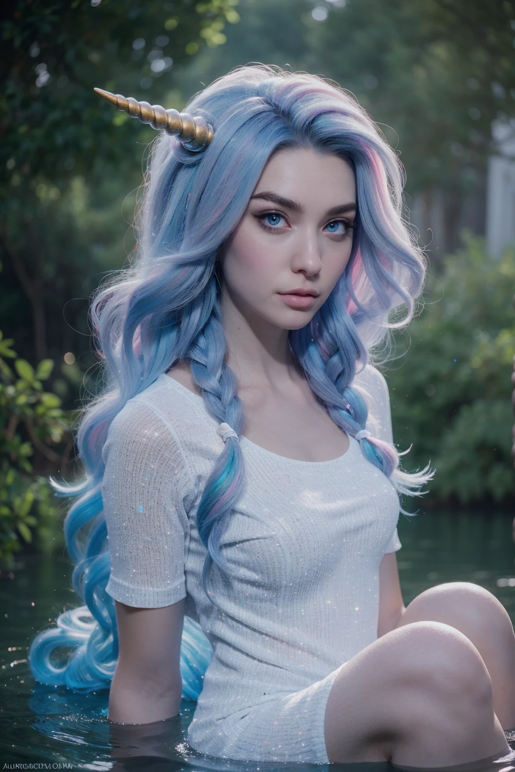 {-erro_de_anatomia:1.0} There is a white unicorn girl, blue mane and long mane, white unicorn, unicorn, unicorn horns, A unicorn, celestia, Nine stories, blue unicorn, soft dreamy, cinematic light《fangs》Unicorn in, mythological creatures, a mythical creature, Pokémon illustration, unicorns, a glaceon princess, white dress, opal eyes. Auroracore, ghostly iridescent, image good for rendering, sitting on the water, unicorn girl, full body.