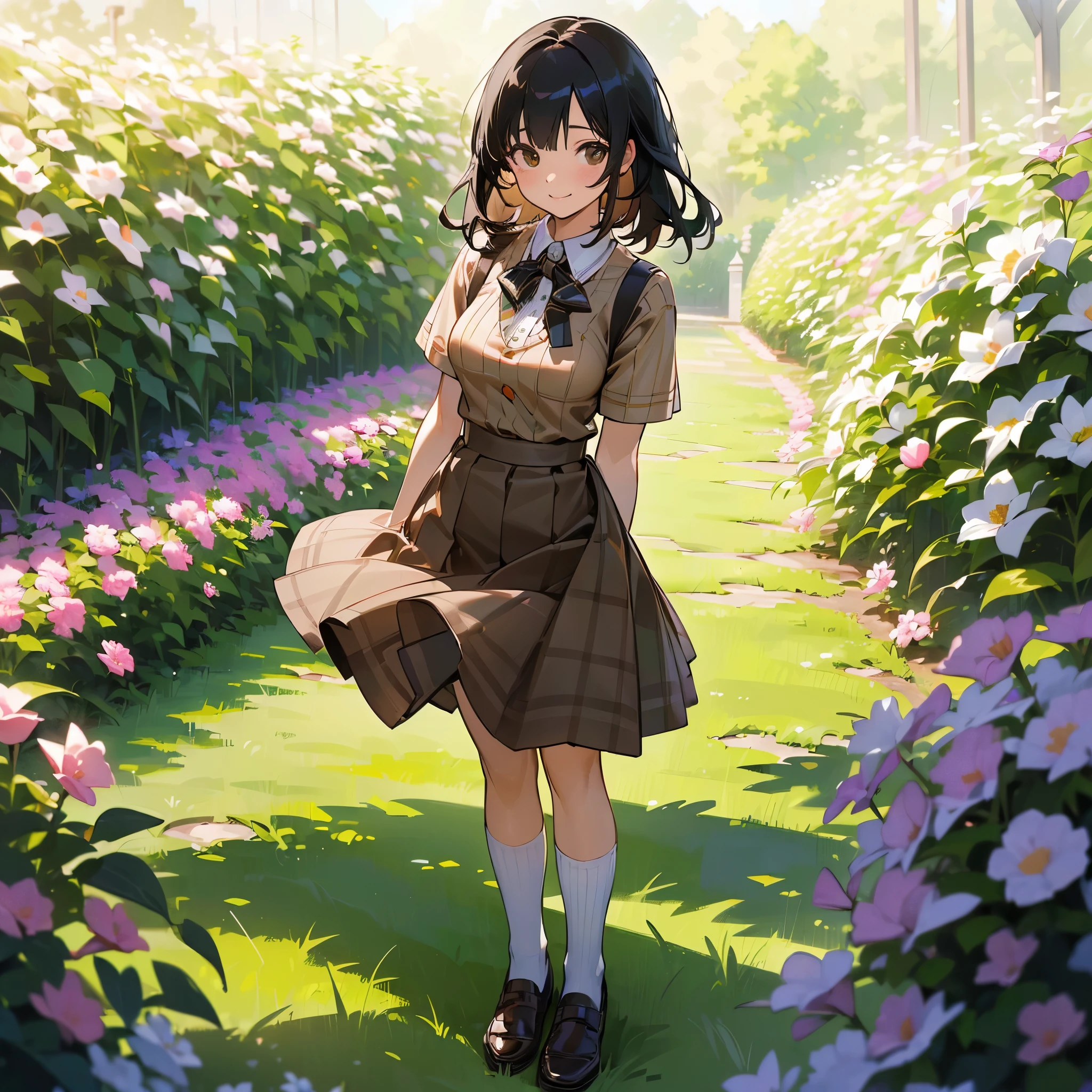 (high quality, High resolution, Very detailed, reality:1.37), Peaceful atmosphere, (Outdoor, garden), age girl standing alone, (my breasts are big.), Beautiful details, Cute Smile, (Black bob hair), Short sleeve ribbed sweater, burberry check skirt, White socks, Brown leather shoes.
