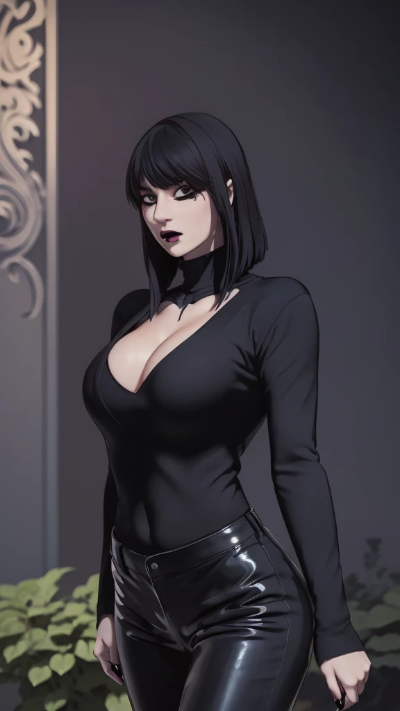 Manhwa goth girl, manhwa aesthetic, Looking at the audience, Light brown eyes:1.4, goth girl, Brunette long Bob Hair with highly detailed shiny hair, bright red clothes:1.4, Lepangas:1.4), illuminated skin (realistic texture), realistic shading, bright red eyes、{Huge|big chest|Huge|Mega} whole :2, Chest cleavage:2、(((Add highlights to the eyes:1.4、charming look 、Short Bob Hair、Glowing Skin:1.4、Looking at the audience、She is very beautiful and cute、Beautiful long neck, (cotton) black gothic shirt, latex tight pants, (converse) black sneakers, Ideal body type, (painted gothic Background:2、gothic garden background:2))、Beautiful long neck:1.4、(({Huge|big|Huge|Mega} chest, Chest cleavage:2、perfect Bodyは服を着ていない:1.6)),Perfect Anatomy, blade to side, strike pose, blade down, blade right hand, blurred background (masterpiece), best quality, high quality, highres, ultra-detailed), different poses at different angles.