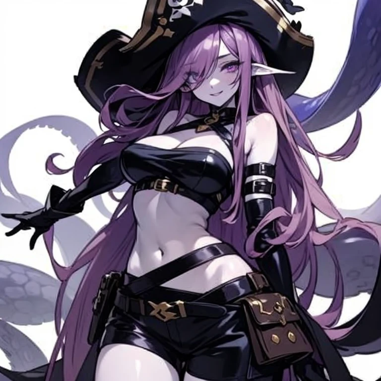 Masterpiece, best quality, expressive eyes, perfect face, 1girl, monster girl, breasts, hair over one eye, gloves, solo, scylla, large breasts, navel, long hair, looking at viewer, tentacles, hat, black gloves, suction cups, purple hair, hair over one eye, simple background, elbow gloves, white background, purple eyes, pale skin, very long hair, smile, bare shoulders, pirate suit, shorts, thigh_belt, bandages, shoulder belt, chest sarashi,