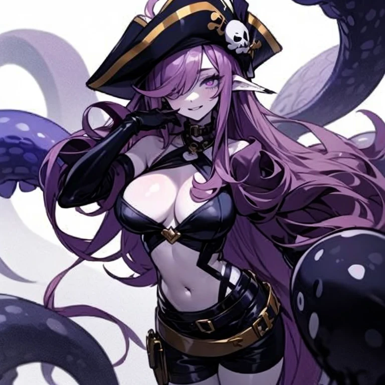 Masterpiece, best quality, expressive eyes, perfect face, 1girl, monster girl, breasts, hair over one eye, gloves, solo, scylla, large breasts, navel, long hair, looking at viewer, tentacles, hat, black gloves, suction cups, purple hair, hair over one eye, simple background, elbow gloves, white background, purple eyes, pale skin, very long hair, smile, bare shoulders, pirate suit, shorts, thigh_belt, bandages, shoulder belt, chest sarashi,