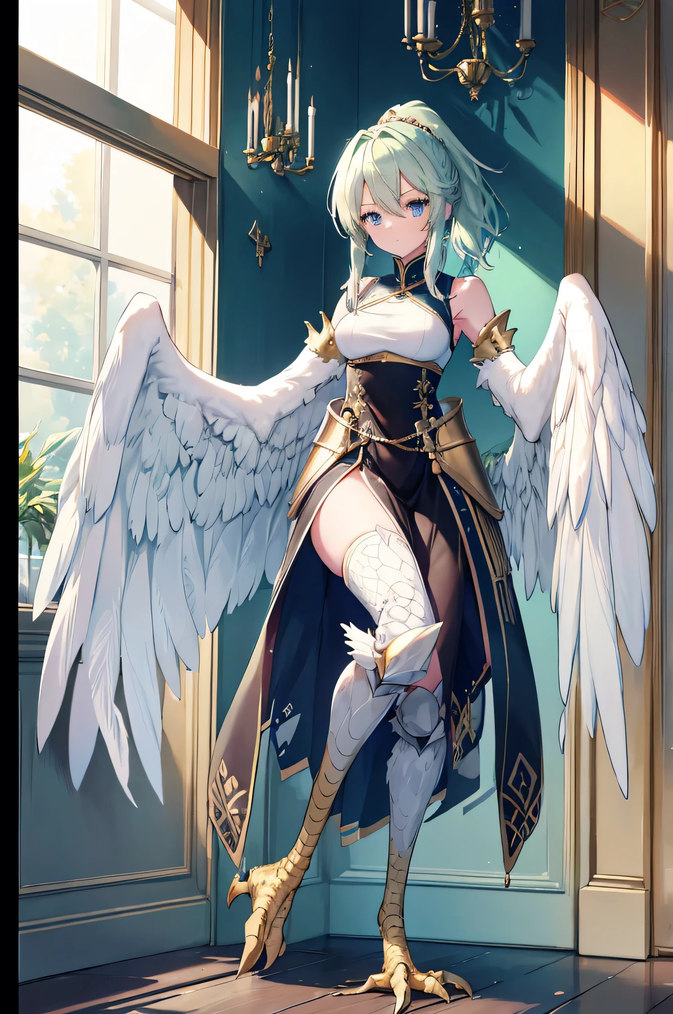 4k,High resolution,One Woman,harpy,White green hair,Short Ponytail,Braid,Blue Eyes,White Wings,Golden toenails,knight,White knight armor,Heavy Armor,Full Armor,Sleeveless,knight helmet,Jewelry decoration,Short Sword,Medieval castle