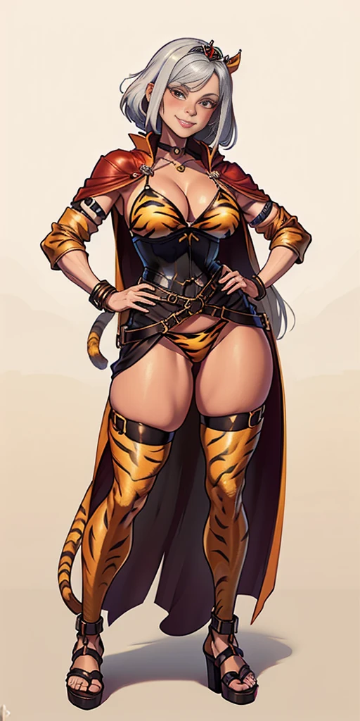 ((Masterpiece, plain background,1:2, masterpiece)) full body standing with two long yellow tiger print stockings, toned thighs,cleavage, separate yellow tiger print stockings thighs and sleeves, tiara royal, long cape up to two feet, yellow tiger bikini print, hands on waist, navel, lustful smirking smiling, smile face (red blushed, red cheeks) metal shoulders, armbands, black leather choker slave collar, full body standing with two long thighs and two metal sandals, red eyes, silver white hair, short bob hair, big knockers, cleavage, separate sleeves, tiara royal, long cape up to two feet, leather corset, yellow bikini, hands on hips, metal shoulders, armbands, black leather choker collar, shackles bracelets, slave red crest, pauldrons, loincloth standing, hands on hips, metal sandals, big belt, view from below, feet together, bracers, tiara, standing contrapposto straight symmetrical looking to viewer