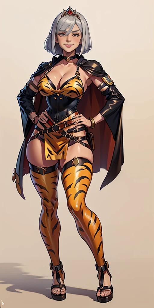 ((Masterpiece, plain background,1:2, masterpiece)) full body standing with two long yellow tiger print stockings, toned thighs,cleavage, separate yellow tiger print stockings thighs and sleeves, tiara royal, long cape up to two feet, yellow tiger bikini print, hands on waist, navel, lustful smirking smiling, smile face (red blushed, red cheeks) metal shoulders, armbands, black leather choker slave collar, full body standing with two long thighs and two metal sandals, red eyes, silver white hair, short bob hair, big knockers, cleavage, separate sleeves, tiara royal, long cape up to two feet, leather corset, yellow bikini, hands on hips, metal shoulders, armbands, black leather choker collar, shackles bracelets, slave red crest, pauldrons, loincloth standing, hands on hips, metal sandals, big belt, view from below, feet together, bracers, tiara, standing contrapposto straight symmetrical looking to viewer