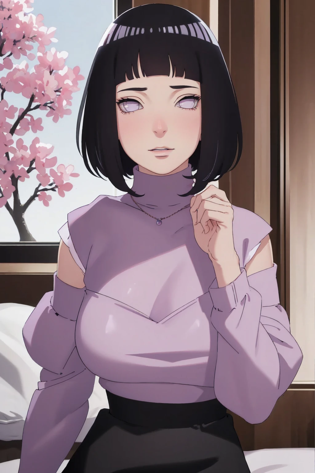 { - anatomy error} (Masterpiece - Ultra-detailed, very high resolution) (huge titusty, masterpiece, absurdres, hinata\(boruto\), 1girl, solo,mature female, off-shoulder bra, high waist black short skirt, looking at viewelling petals), perfect composition, detailed lips, big breast, beautiful face, body propotion, blush, (pink lips), short hair, (black hair), purple eyes, soft gaze, super realistic, detailed, photoshoot, realistic face and body, closed mouth, sitting on the bed , lilac eyes, upper body, lace clothes, backwards, looking back, with chin resting on shoulder, perfect fingers (perfect hands, perfect anatomy), naught smilie