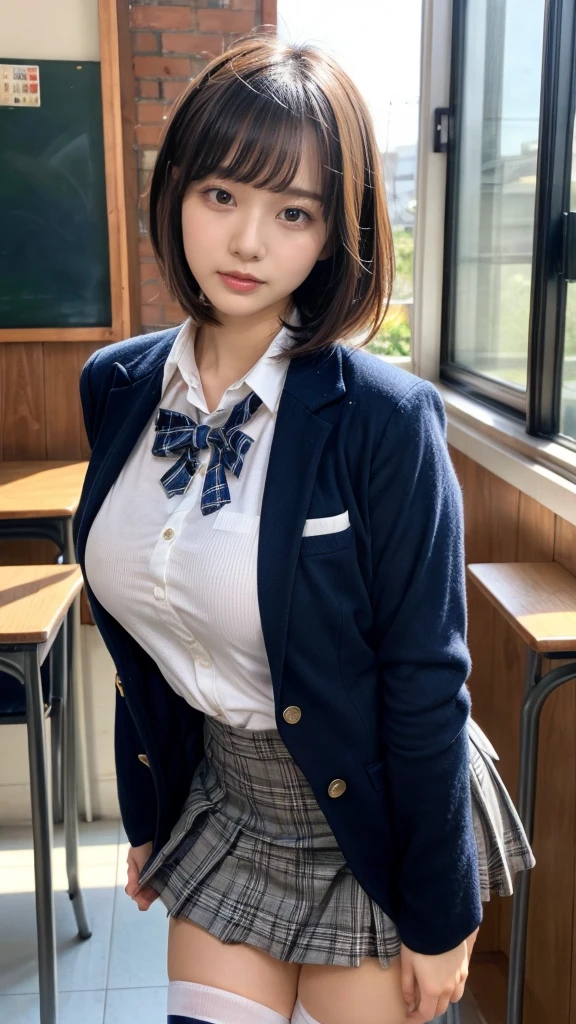 muste piece, best quality, illustration, Super detailed, fine details, High resolution, 8K,wall paper, perfect dynamic composition,(Details High quality, realistic depiction of eyes:1.3), from side, High School Classroom、High school girl uniform、blazer 、Super Short Check Uniform Skirt、Navy blue high socks、garterbelts、Colossal tits、Disturbed uniform, short bob hair, black hair color, large breasts, Big Natural Color Lip, bold sexy pose, (perfect body shape), crying a little、cold gaze, Harajuku style、20 year old girl、cute type, beautiful legs, hposing Gravure Idol, Voluptuous thighs