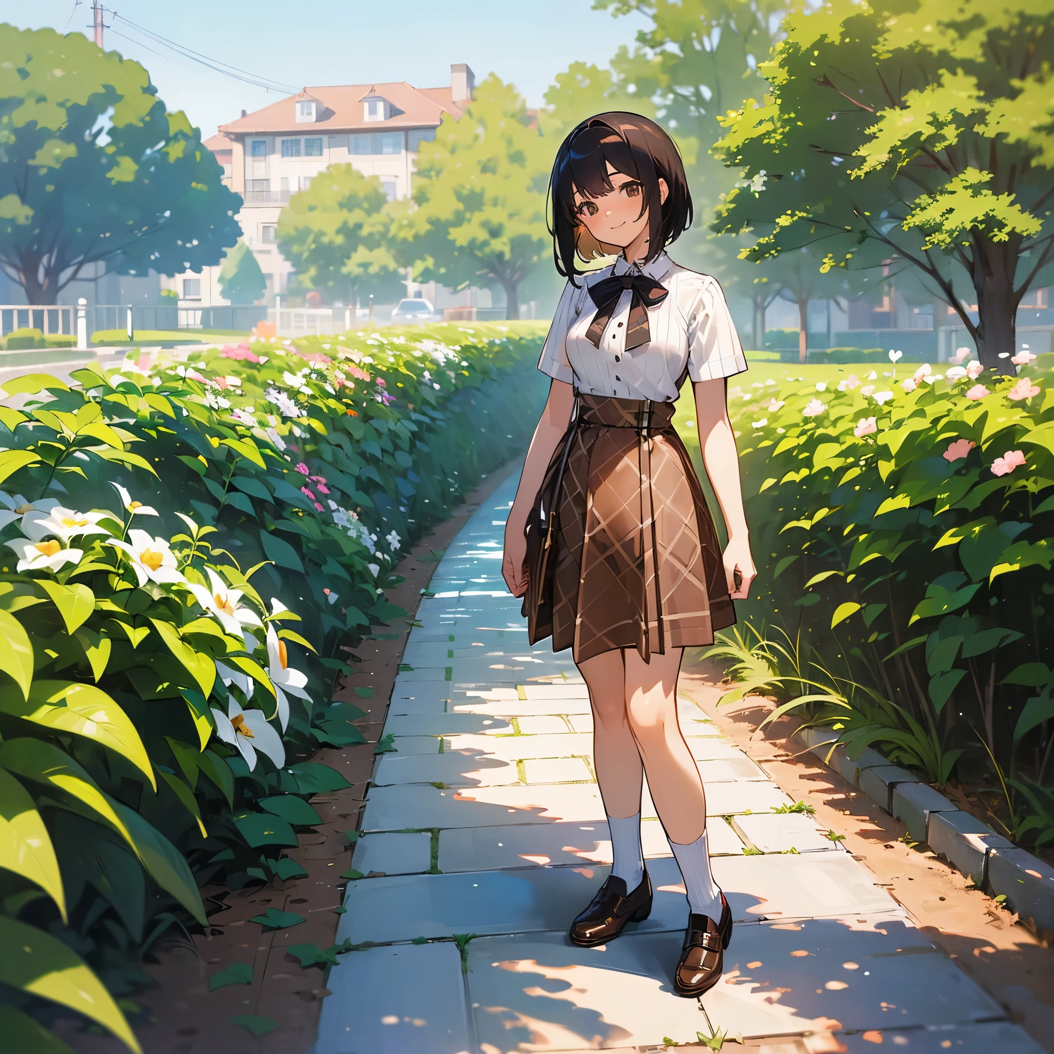 (high quality, High resolution, Very detailed, reality:1.37), Peaceful atmosphere, (Outdoor, garden), age girl standing alone, (my breasts are big.), Beautiful details, Cute Smile, (Black bob hair), Short sleeve ribbed sweater, burberry check skirt, White socks, Brown leather shoes.