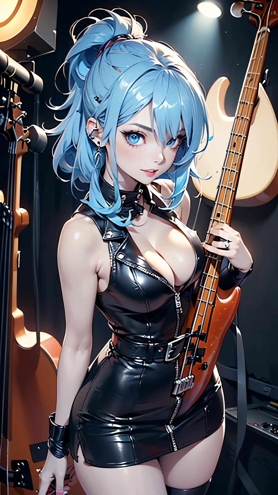 (((Only 1 woman))), ((lower camera shot, side shot)), masterpiece, 8k, high quality, ultra detailed, anime style, CG Unity, beautiful anime woman, ((30 years old, rockstar, bass_guitar player)), (((pale skin: 1.3))), wearing sexy (((leather outfit, miniskirt))), (((cleavage: 1.3))), (((blue hair))), blue eyes, ((perfect body)), (((breasts:1, waist:1.1, hips:0.9, toned legs:1))), looking directly to camera, sexy gaze, sexy smile, ((lucious lips)), (((playing bass guitar, sexy pose))), it is an (((artificial lighted scene))) in a rock stage club