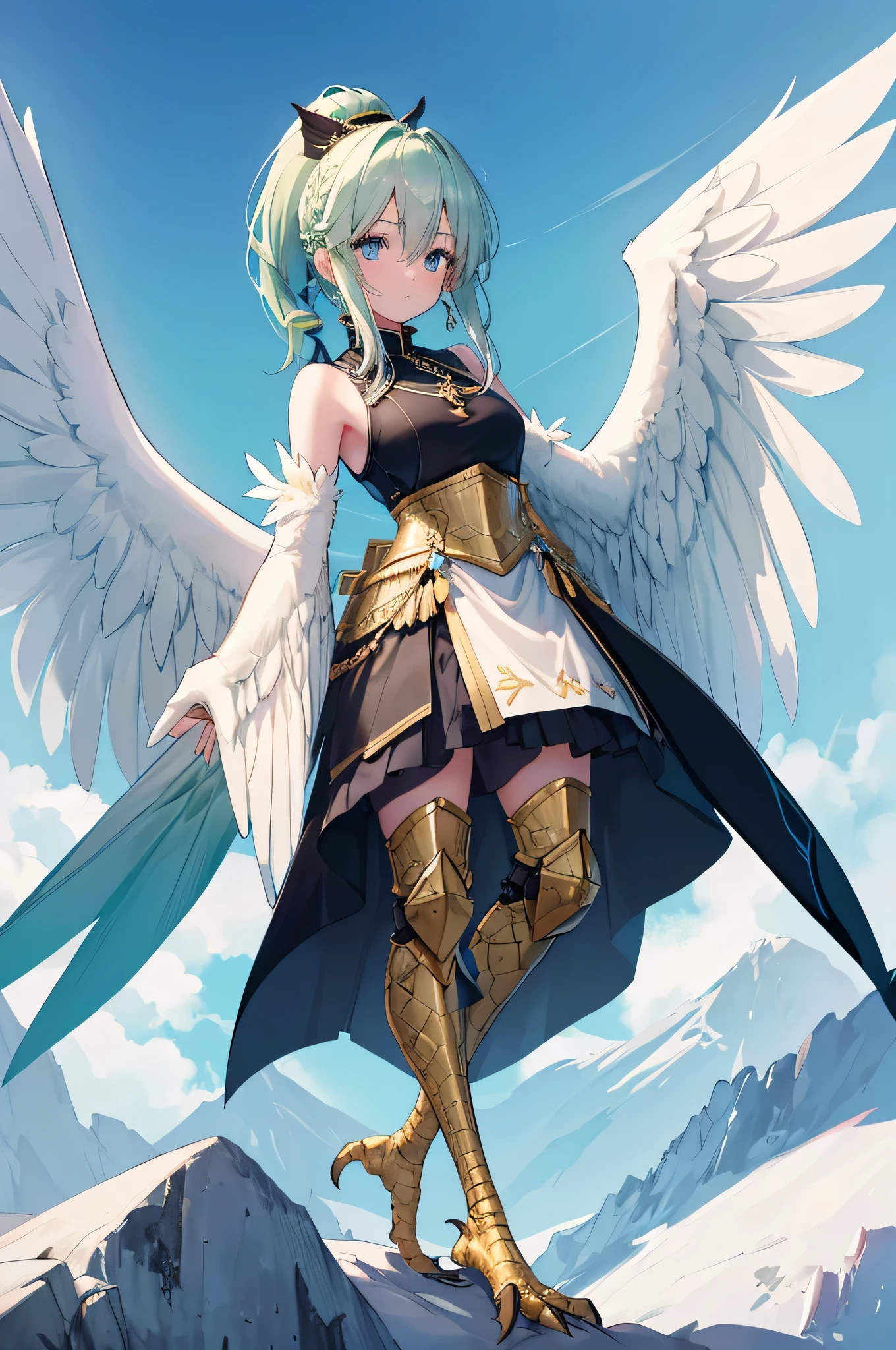 4k,High resolution,One Woman,harpy,White green hair,Short Ponytail,Braid,Blue Eyes,White Wings,Golden toenails,knight,White knight armor,Heavy Armor,Full Armor,Sleeveless,knight helmet,Jewelry decoration,Short Sword,Medieval castle