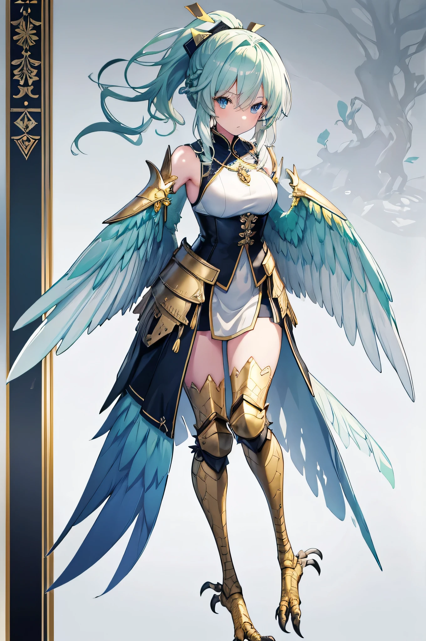 4k,High resolution,One Woman,harpy,White green hair,Short Ponytail,Braid,Blue Eyes,White Wings,Golden toenails,knight,White knight armor,Heavy Armor,Full Armor,Sleeveless,knight helmet,Jewelry decoration,Short Sword,Medieval castle