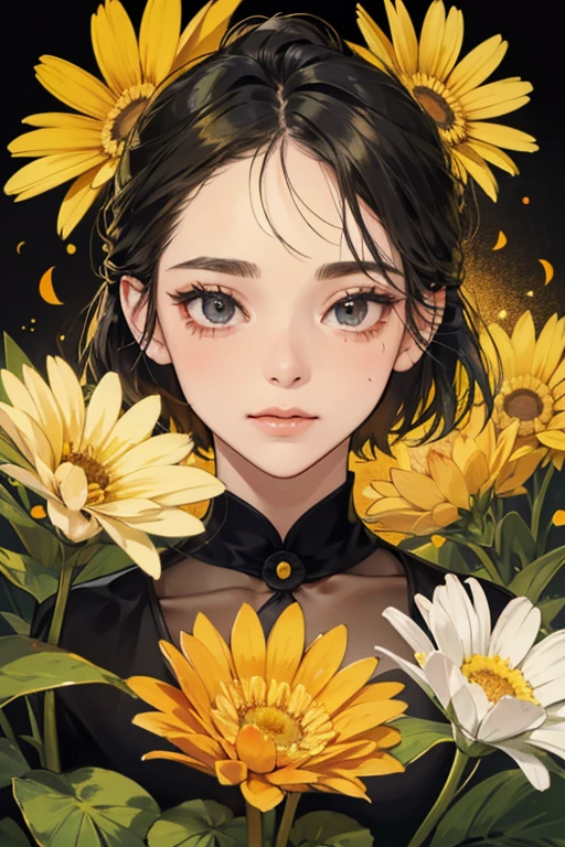 Daisy's face is orange. She has a nose, two black eyes, and a black mouth. Her body is green as a stem and she has shiny yellow petals on top of her head. SPARKLE; GLITTER